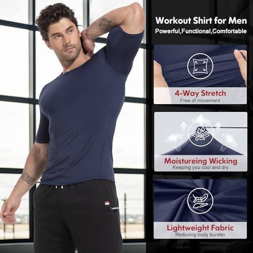 4 Pack Compression Shirt Men Long/Short Sleeve Dri Fit Cooling Athletic Rash Guard T-Shirt for Sports