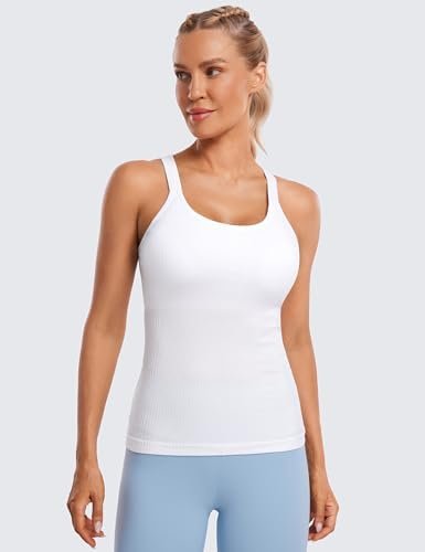 Womens Seamless Ribbed Racerback Tank Tops with Built in Bra - Padded Scoop Neck Slimming Athletic Long Camisole