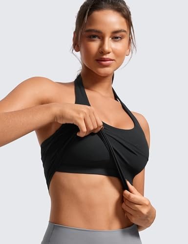 Womens Halter Longline Sports Bra - Padded Workout Yoga Crop Tank Tops with Built in Shelf Bra